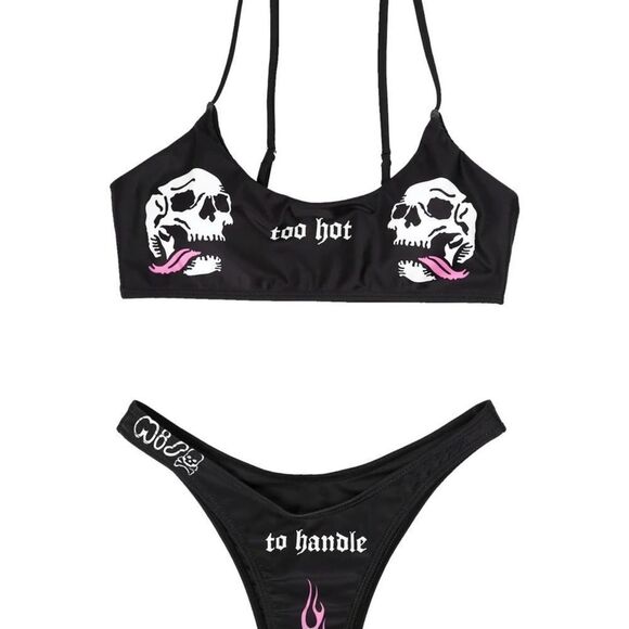 𝅺too HOT TO HANDLE GOTH PUNK SKULL FLAME BIKINI black pink Sz L - Picture 6 of 14